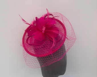 Cerise pink netted round sinamay feather flower fascinator headband and clip