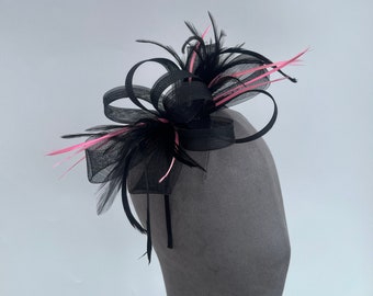 Black loop bow fascinator headband and clip with light Pink and black feathers