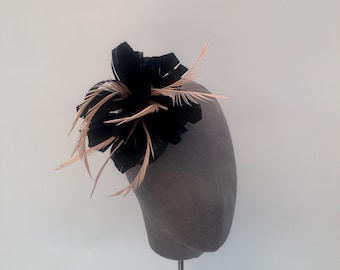 Black and light Pink triple feather flower clip brooch fascinator with sinamay loops