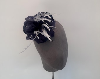 Navy Blue and White triple feather flower clip brooch fascinator with sinamay loops