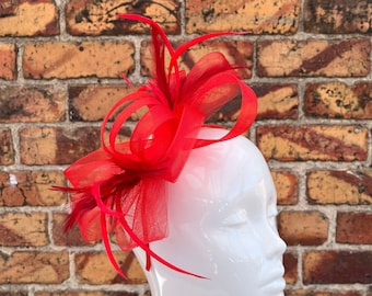 New red loop bow fascinator headband with feathers