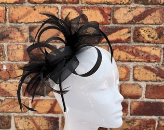 New black loop bow fascinator headband with feathers