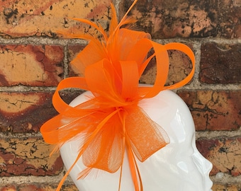 New bright orange loop bow fascinator with feathers headband and clip