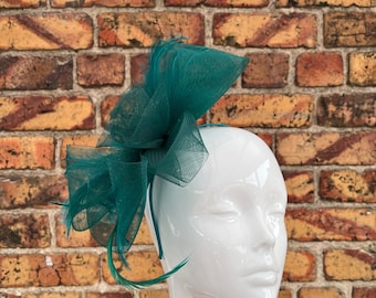 New emerald green mesh loop bow and flower fascinator with feathers headband and clip