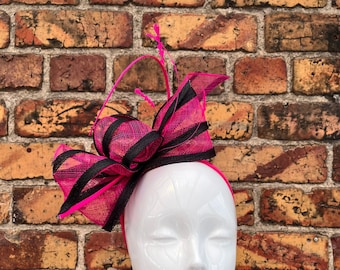 New cerise pink and black stripe sinamay bow fascinator headband with feathers and stripped quill