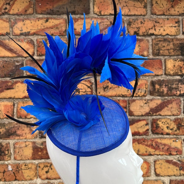 New royal blue and black sinamay disc fascinator headband with flower and bendable feathers