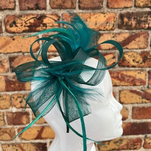 New dark green loop bow fascinator headband with feathers