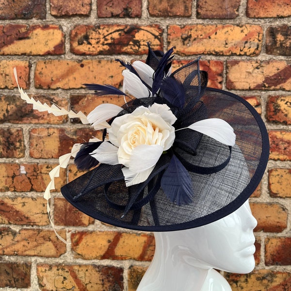 Navy Blue and Cream Rose and feather Sinamay fascinator headband clip handmade wedding guest mother of the bride groom ascot races