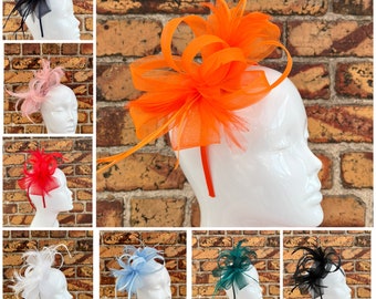 New loop bow fascinator headband and clip with feathers