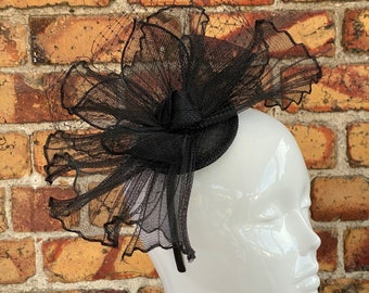 New black sinamay pillbox fascinator headband with pleated mesh base, net and sinamay knot centre