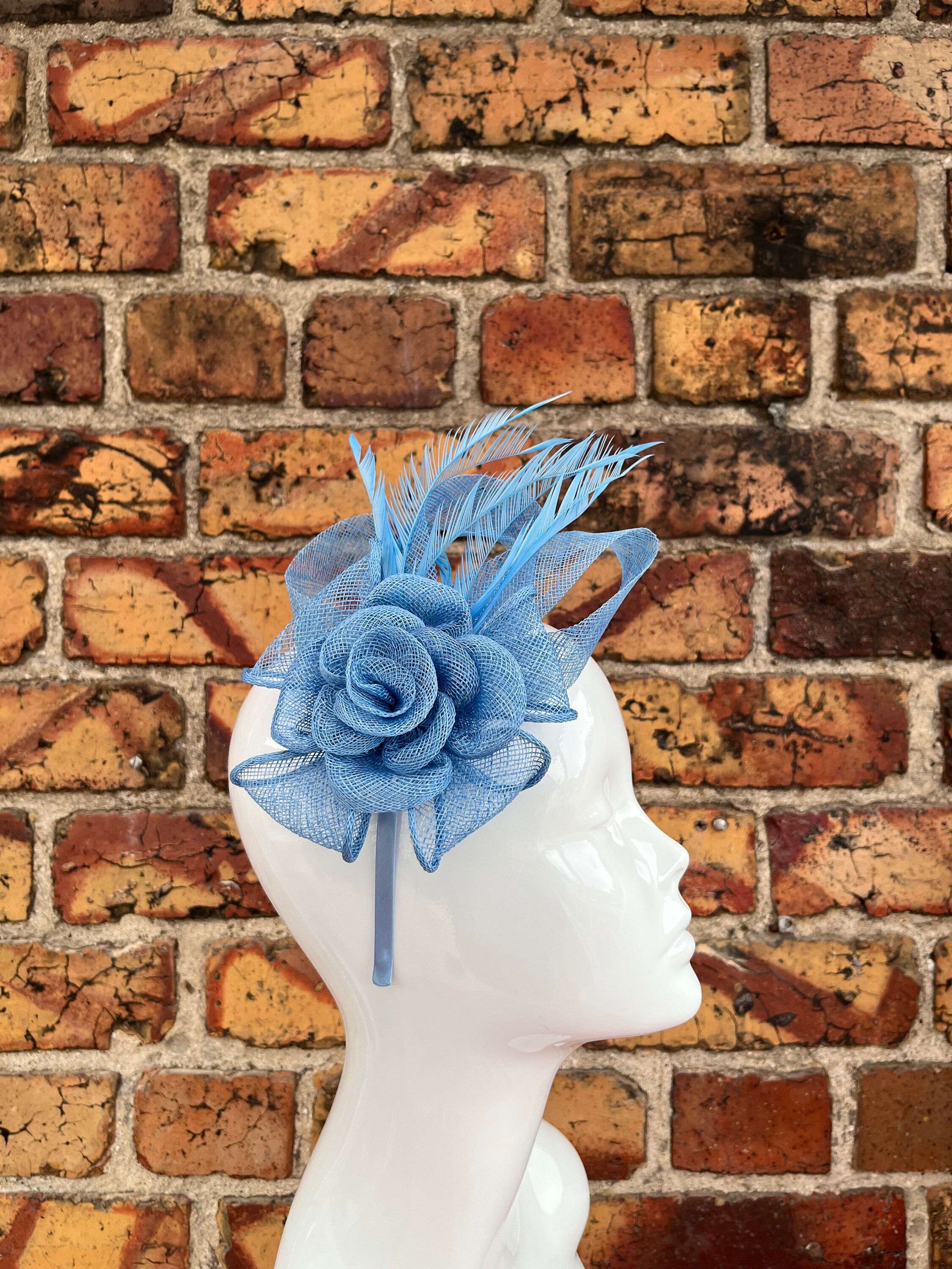 Blue Headband Fascinator with Roses, Bows and Blue Feathers New Light Blue Rose Flower Fascinator Headband and Clip on a  main image 3