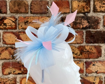New baby blue loop bow fascinator headband and clip with pastel pink trimmed feathers hand made