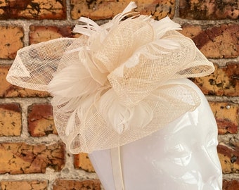 New cream Sinamay looped fascinator headband with sinamay folded loops and feathers