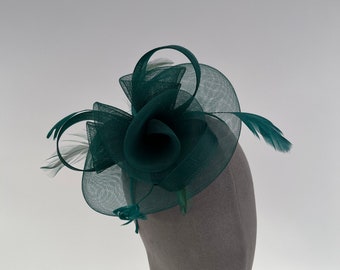 Dark green triple flower round base fascinator headband and clip with feathers