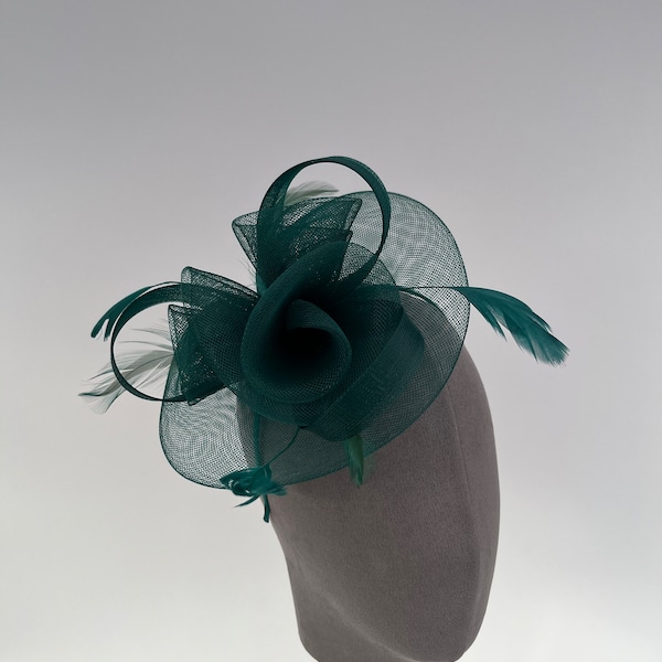 Dark green triple flower round base fascinator headband and clip with feathers