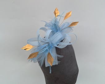 Baby Blue loop bow fascinator with added Gold diamond trimmed feathers headband and clip