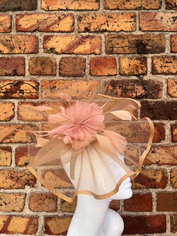 Blush Pink Floral Fascinator on Beige Sinamay Base Blush Light Pink Nude Beige Latte Peach Feather Rose Flower  main image 4
