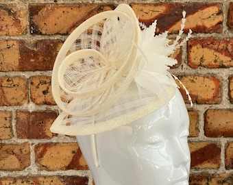 New cream sinamay spiral fascinator headband with window check sinamay and feather flowers