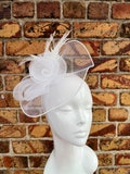 new white mesh double flower fascinator with feathers headband and clip