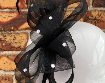 New black loop bow fascinator with feathers and diamantés