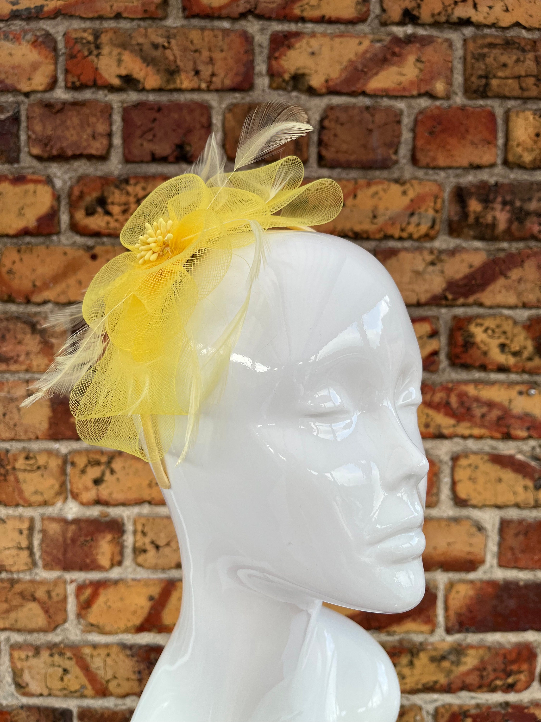 One of a kind huge oversized flower feather beads headband Fascinator yellow Yellow Faux Linen Feather Headband Fascinator main image 3