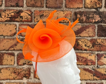 New orange loop mesh flower fascinator headband and clip with feathers
