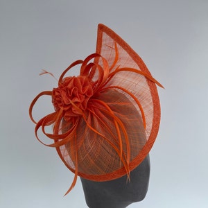 May include: A bright orange fascinator with a large, ruffled flower and feathers. The fascinator is made of a delicate, mesh-like material.