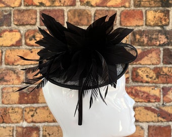 New black sinamay disc & feather flower fascinator headband and clip with added feathers