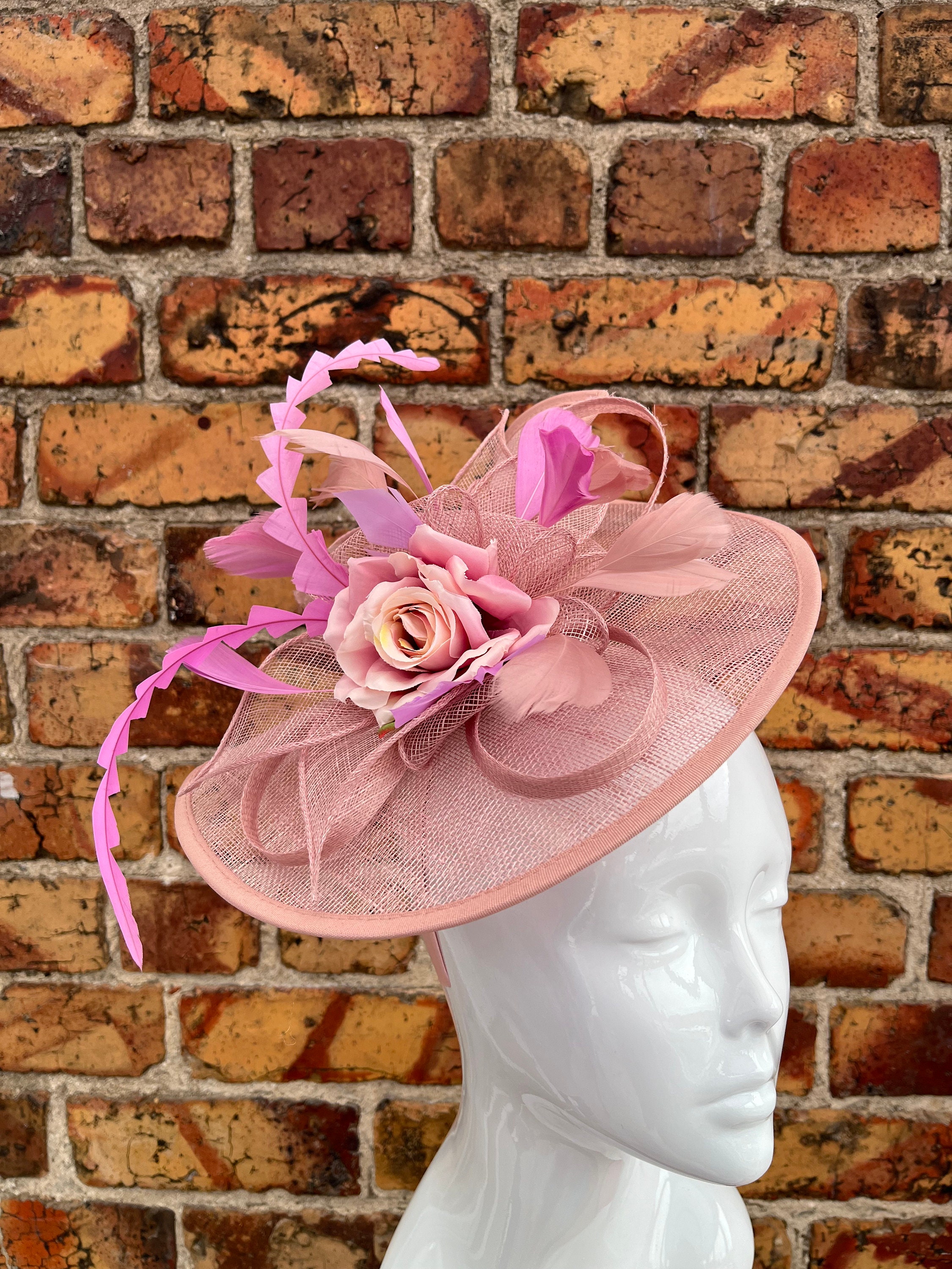 Blush Pink Sinamay Fascinator Hat Black Trim Feather Detail Wedding Derby Clip Dusky Pink Sinamay and Feather Wedding Fascinator main image 2