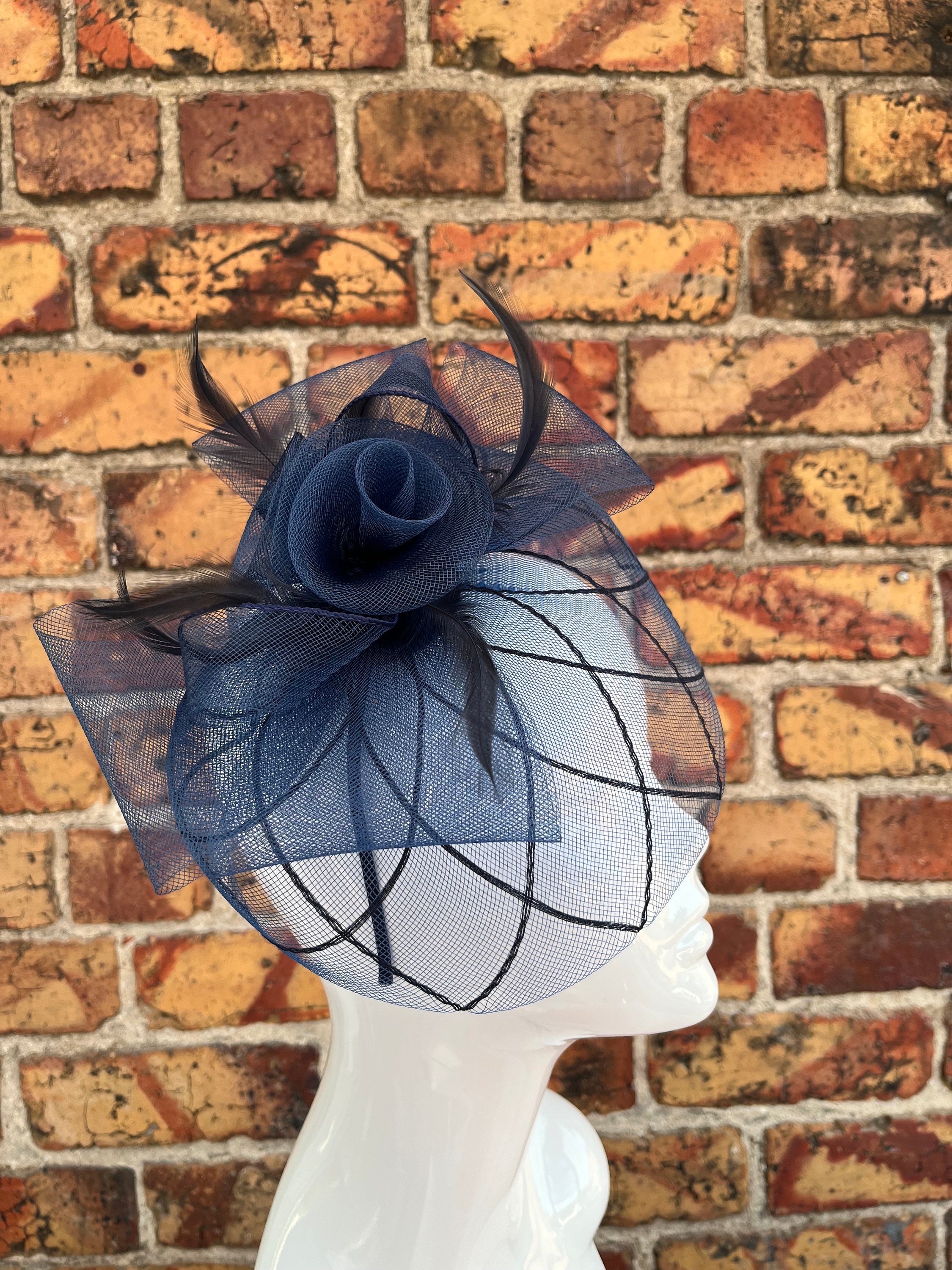 New Navy Blue Mesh Flower Bow Fascinator With Feathers  display picture 2
