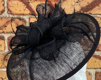 New black sinamay round fascinator with feathers, loops and stripped quill