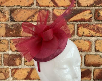 New red mesh pillbox sinamay fascinator headband with mesh loops and feather quills
