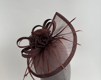 Chocolate Brown sinamay teardrop fascinator with mesh flower and feathers