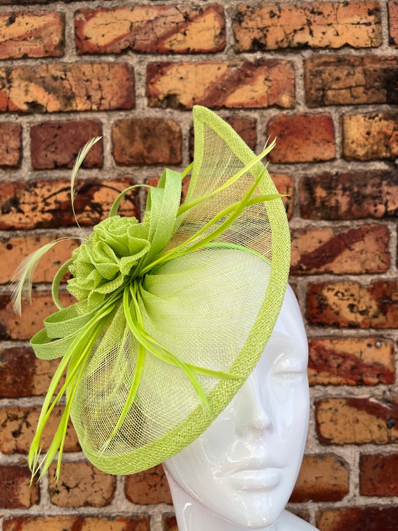 New Lime Green Sinamay Teardrop Fascinator With Mesh Flower 