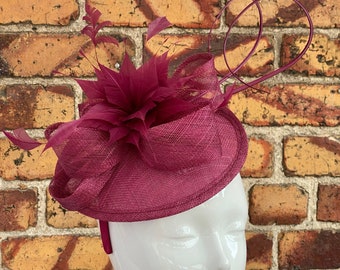 New plum feather flower sinamay round fascinator with stripped quills and sinamay loops