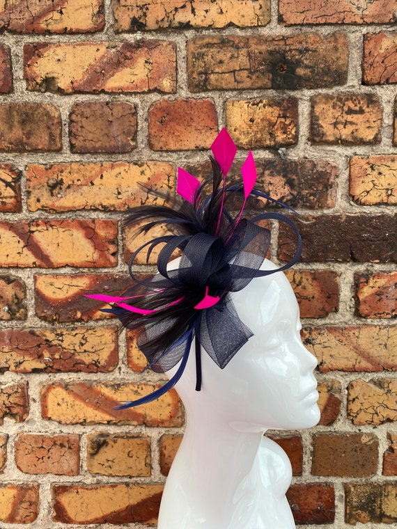 New Navy Blue Loop Bow Fascinator With Added Cerise Pink  display picture 2