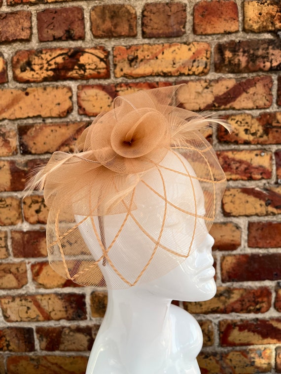 New Tan Light Brown Mesh Flower Bow Fascinator With Feathers  display picture 2