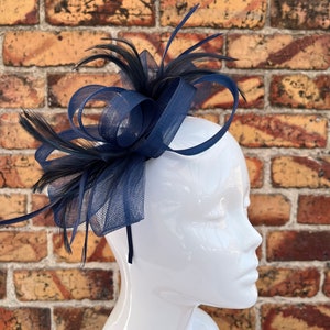 New navy blue loop bow fascinator headband with feathers