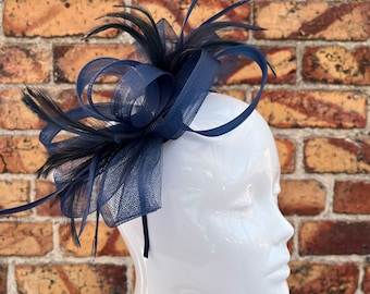 New navy blue loop bow fascinator headband with feathers