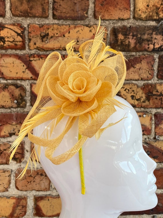 New Yellow Sinamay Flower Fascinator Headband With Added 