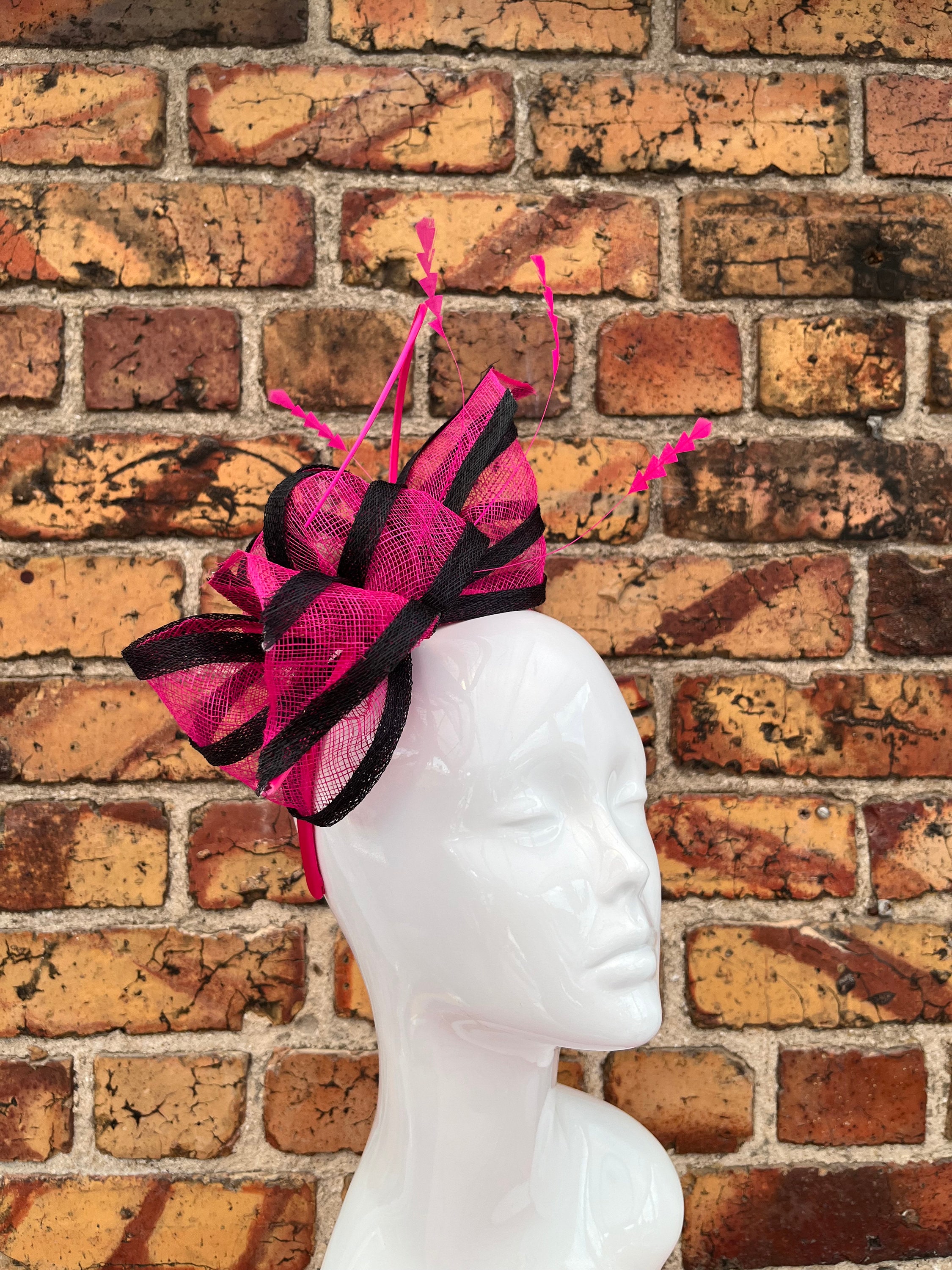 New Cerise Pink and Black Stripe Sinamay Bow Fascinator 