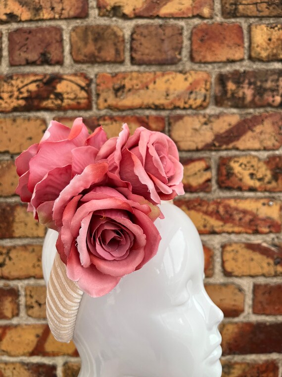 Pink Rose Flower Velvet Halo Cream Headband Fascinator for  display picture 1