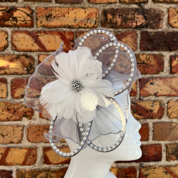 New silver and white loop feather flower fascinator headband with diamanté mesh net and bead centre