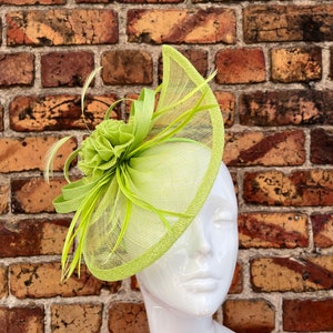 New Lime Green sinamay teardrop fascinator with mesh flower and feathers headband and clip