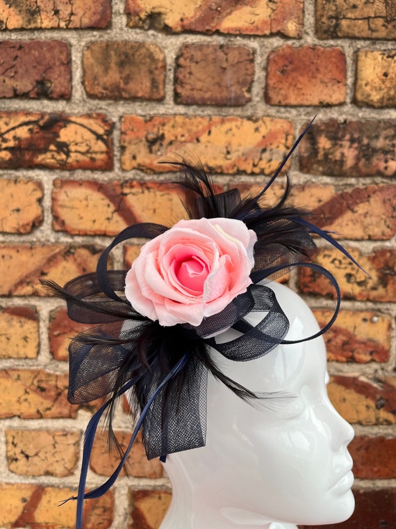 Navy Fascinator Headpiece with Pink Roses Large Navy Blue & Light Pink Sinamay Rose Flower Floral Disc  main image 3