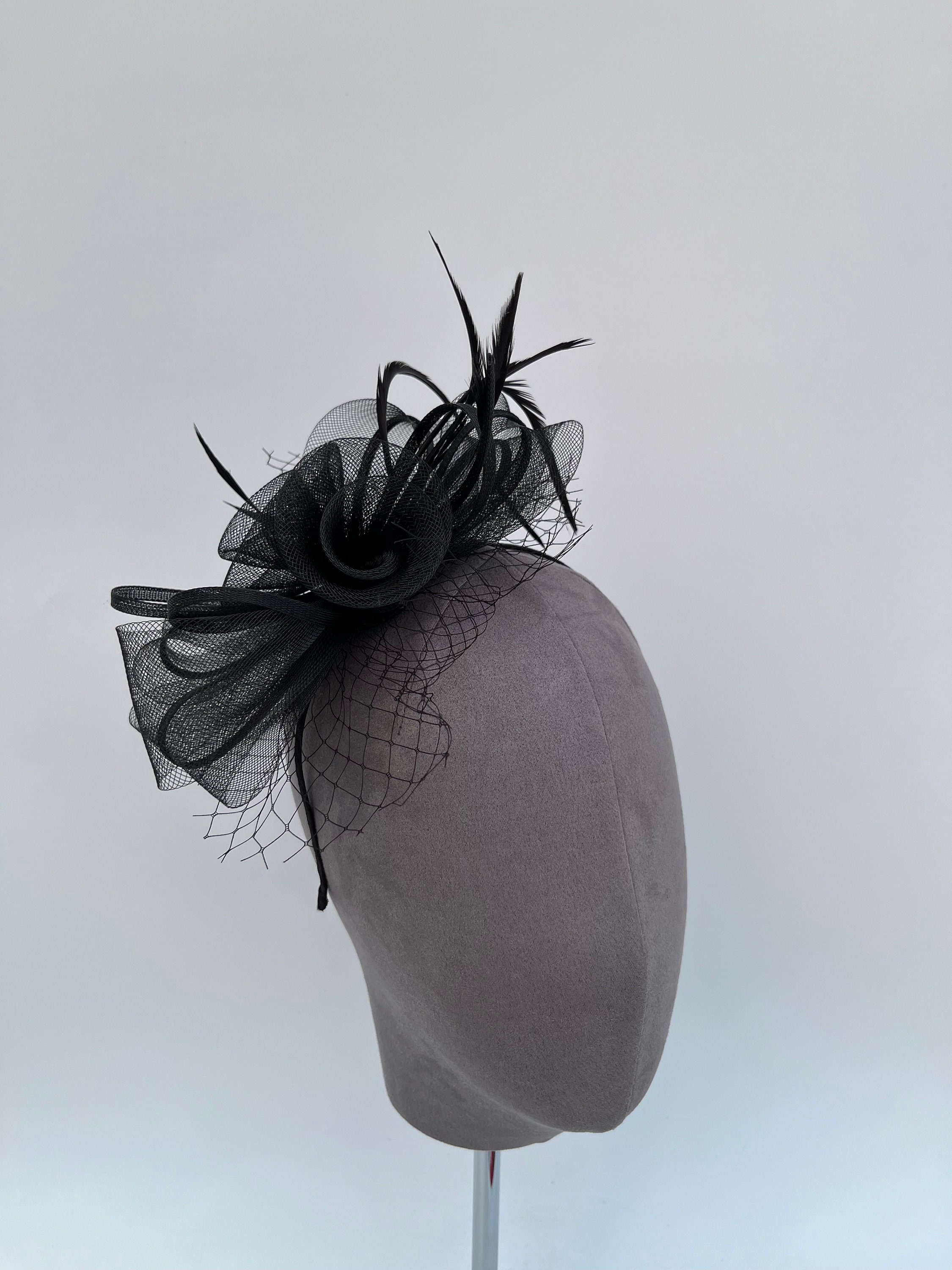 Black Mesh Flower Netted Fascinator Headband and Clip With 
