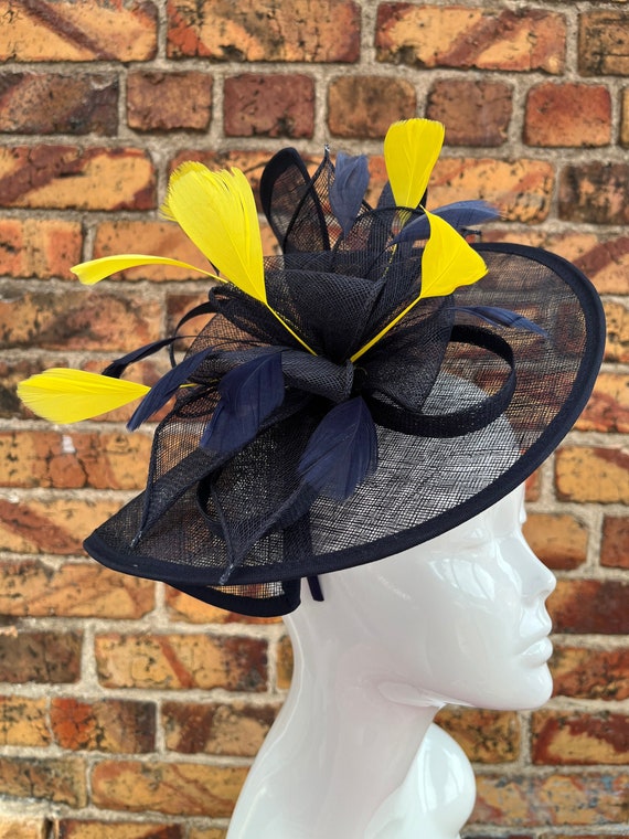 Navy and Yellow Feather Fascinator Headband Navy Blue & Yellow Flower Velvet Padded Headband Fascinator  main image 2
