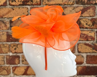 New bright orange cluster mesh fascinator headband and clip with feathers