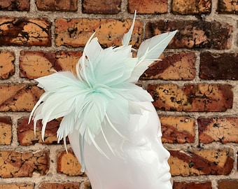 New light blue large feather flower fascinator with double feather quill headband and clip