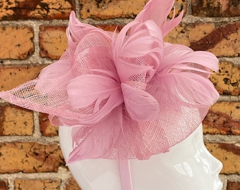 New pink Sinamay looped fascinator headband with sinamay folded loops and feathers